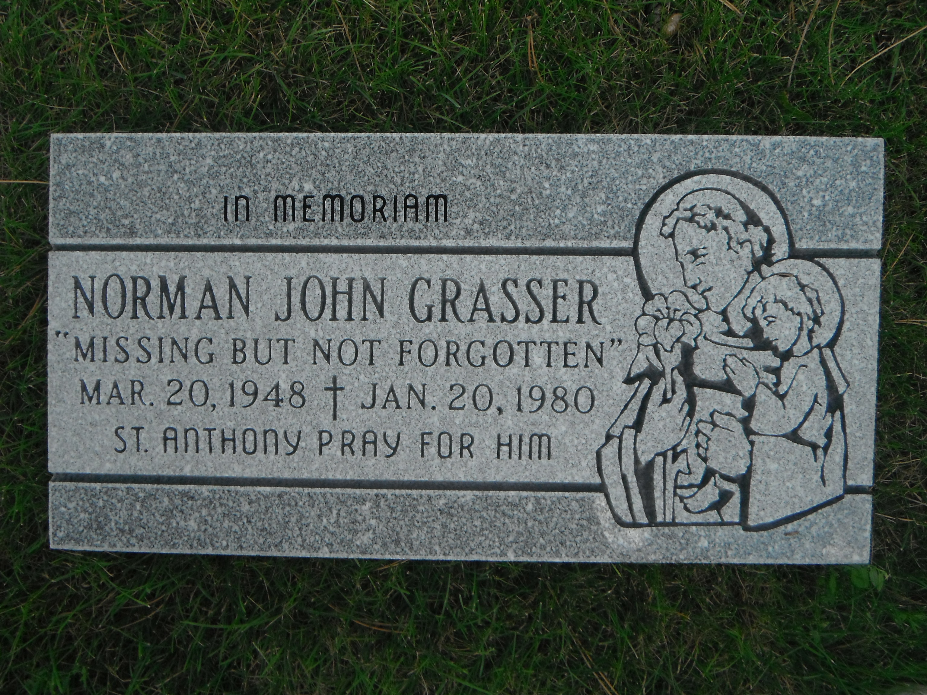 Tombstone commissioned and placed in Cemetery on Aug. 22, 2016. Norman was reported missing Jan. 20, 1980 but was never found.