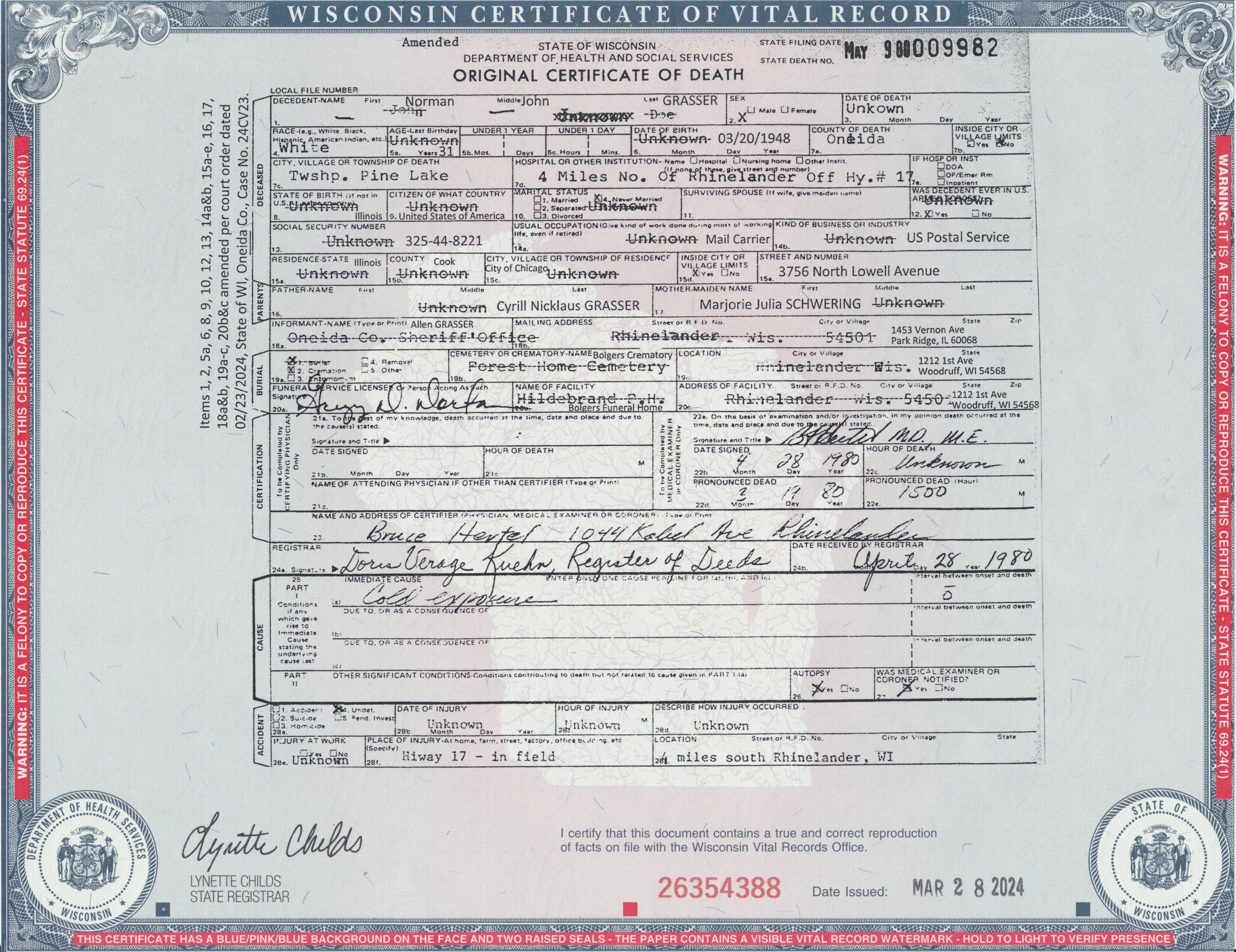 1980 March 19 Death Certificate Amended 2024 Norman John Grasser